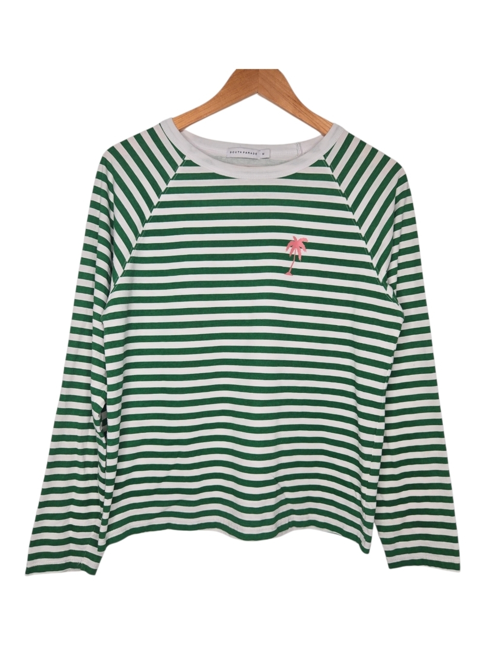 South Parade Womens Green Striped Pink Palm Tree Cotton Long Sleeve Top Medium